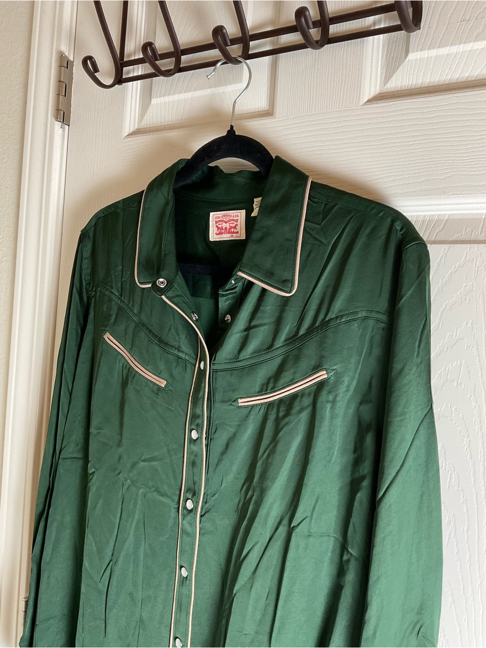 Levi’s Green Satin Viscose Ultimate Western Shirt Contrast Piping Snap Front L - Picture 4 of 8